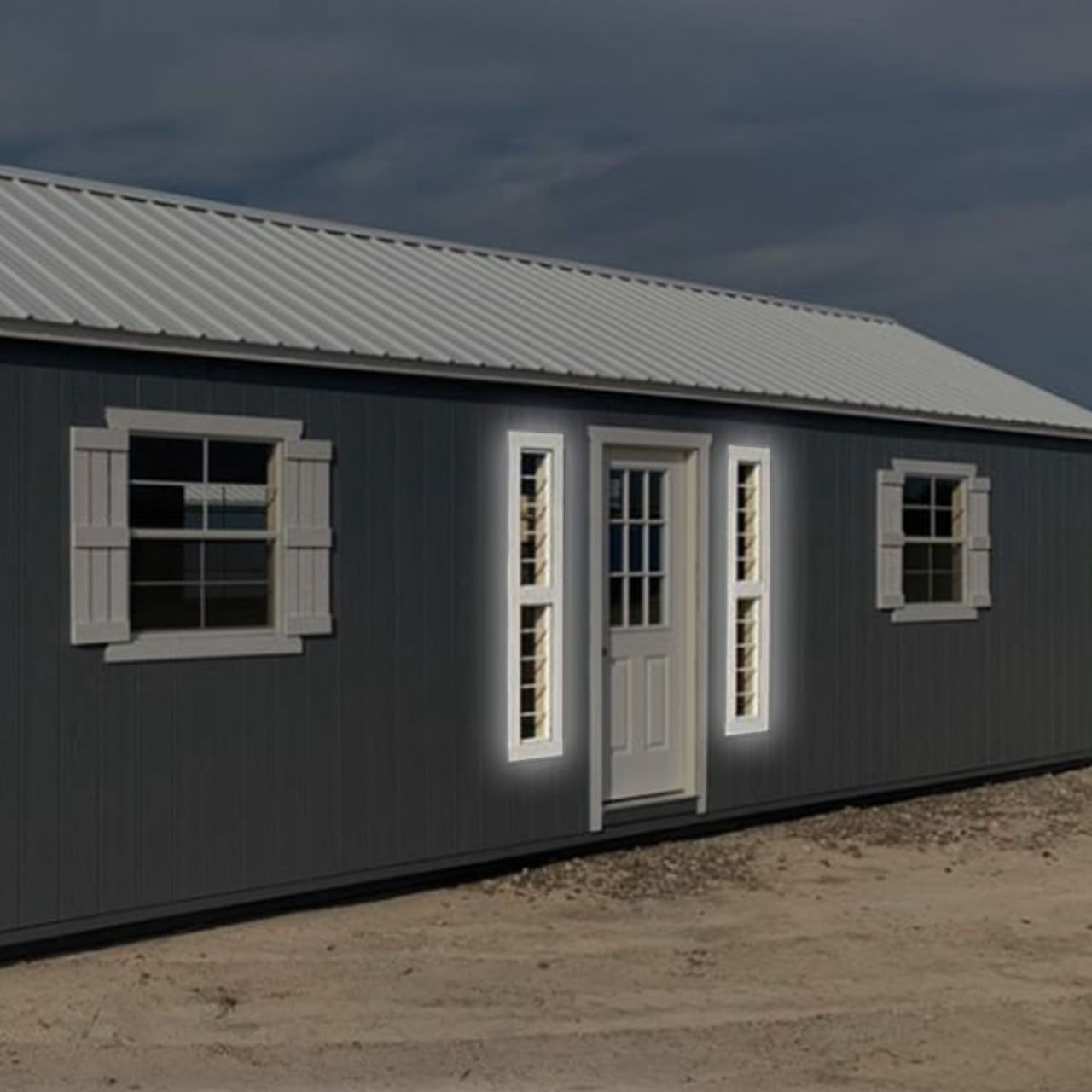 A gray house with white shutters and a white door