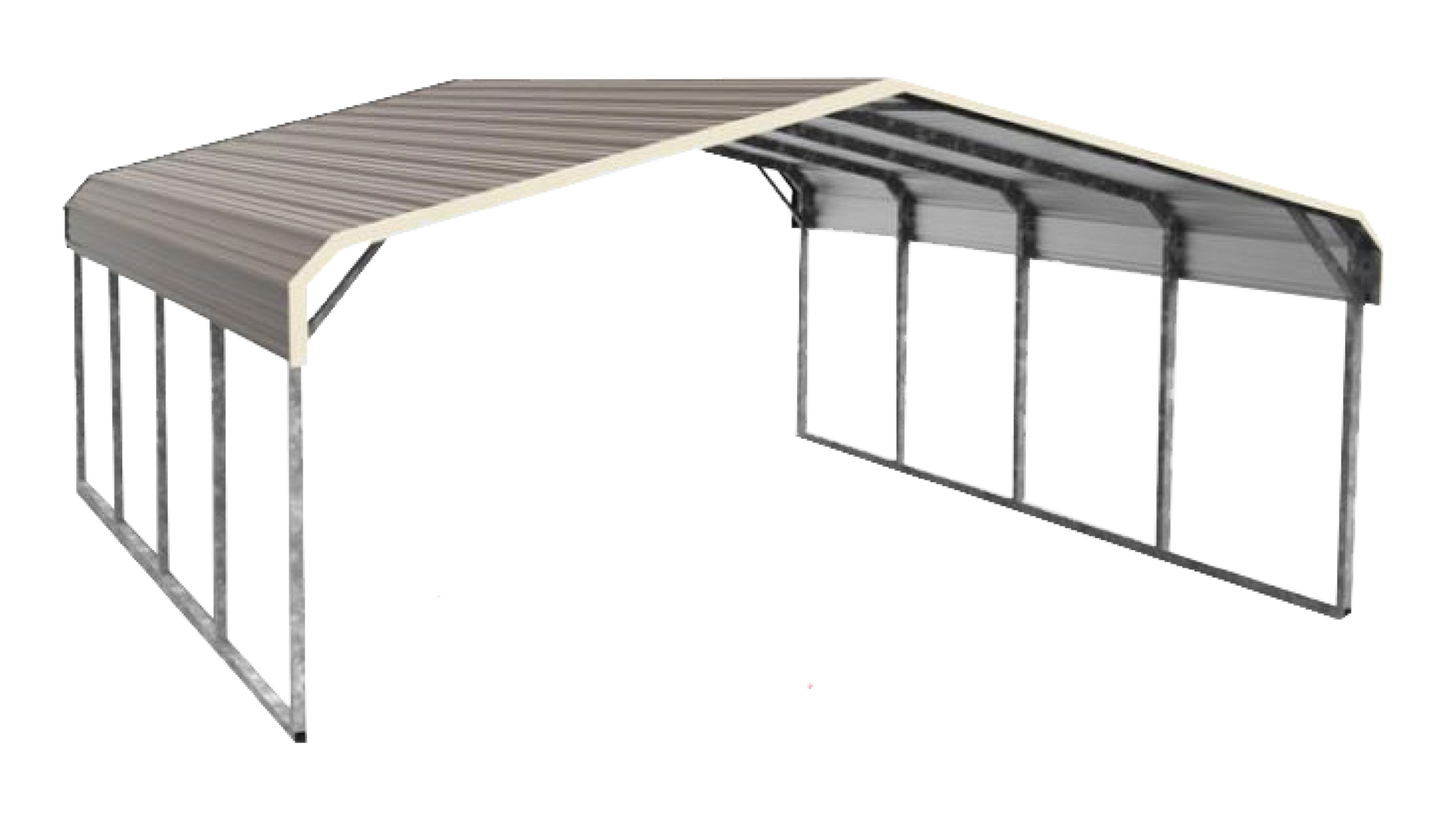 A carport with a roof and a frame on a white background.