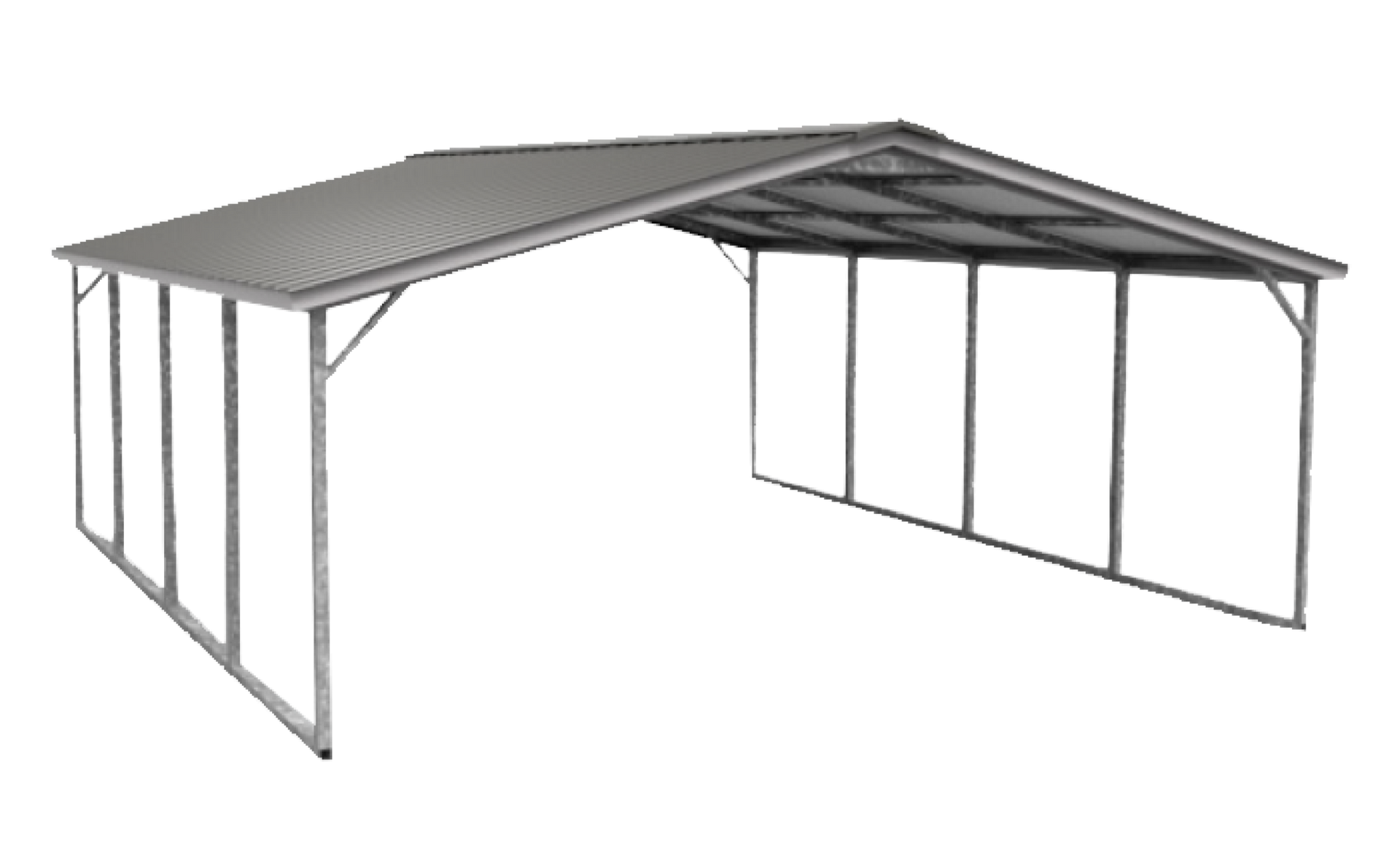 A metal carport with a roof on a white background.