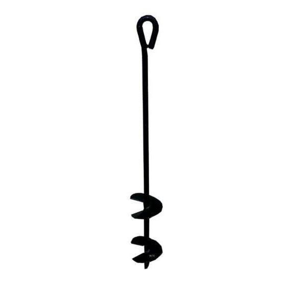 A black spiral anchor with a rope attached to it on a white background.