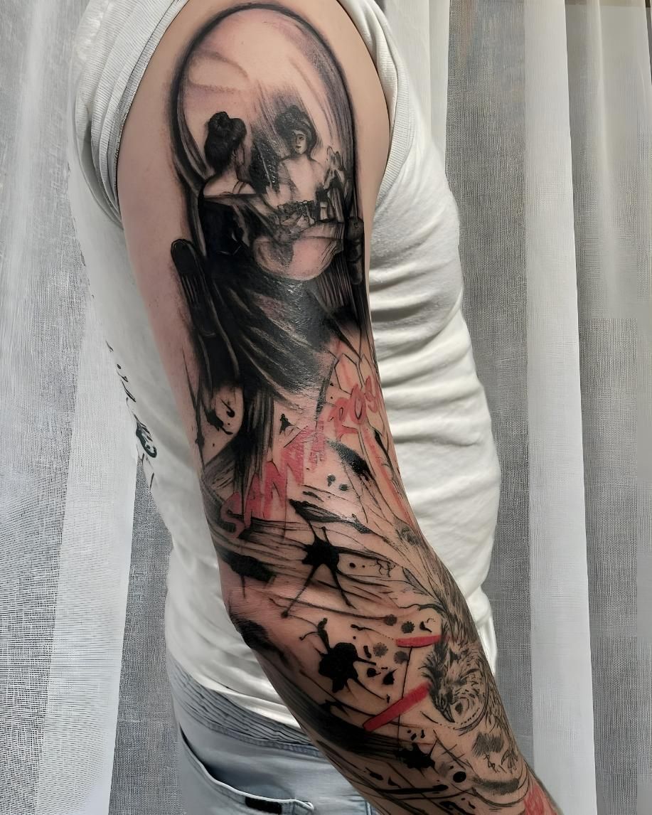 Tattoo Of A Skull On A Person's Arm, With Abstract Black And Red Ink Design — Tattoo Inc Studio In Broadbeach, QLD