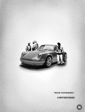 Three people around a sports car on a white background with small text below.