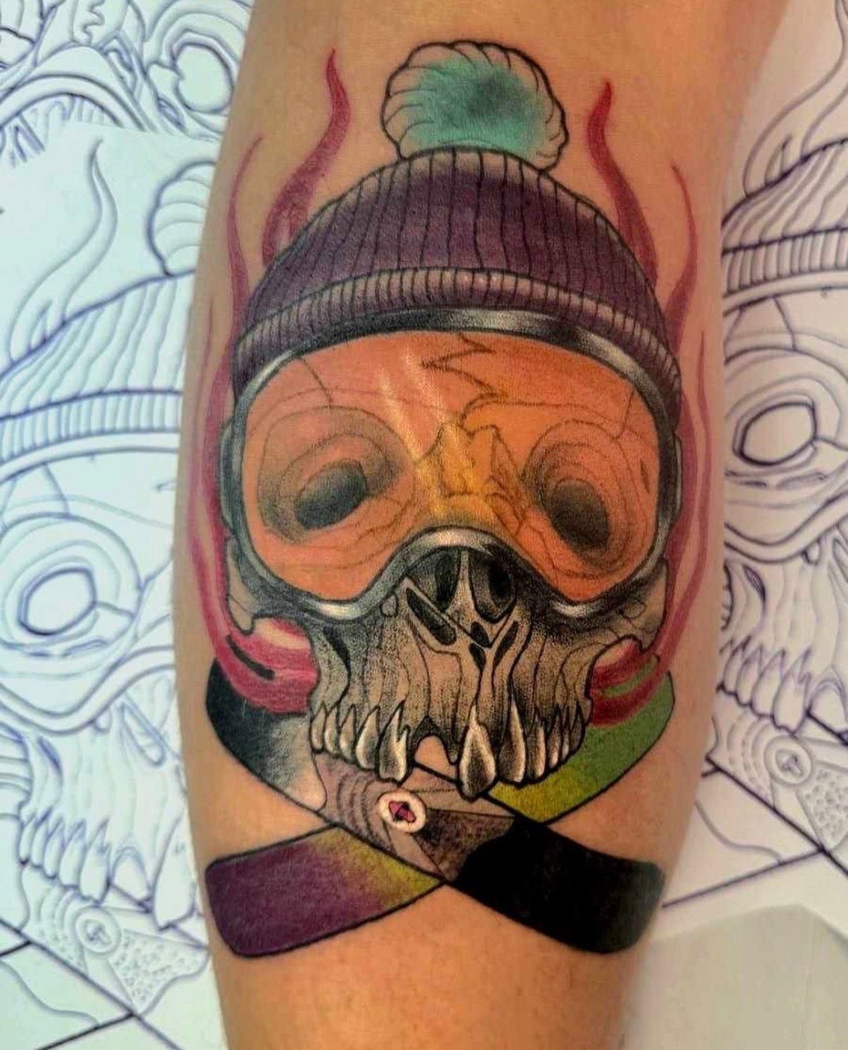 Colourful Skull Tattoo With a Knit Beanie and Crossed Ribbon Shapes on an Arm — Tattoo Inc Studio In Broadbeach, QLD