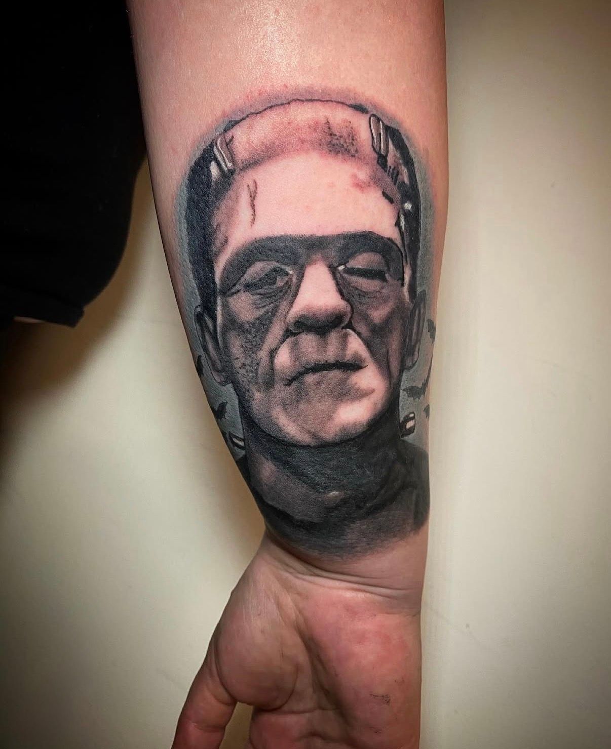 Forearm Tattoo of Frankenstein’s Monster in Black and Gray — Tattoo Inc Studio In Broadbeach, QLD