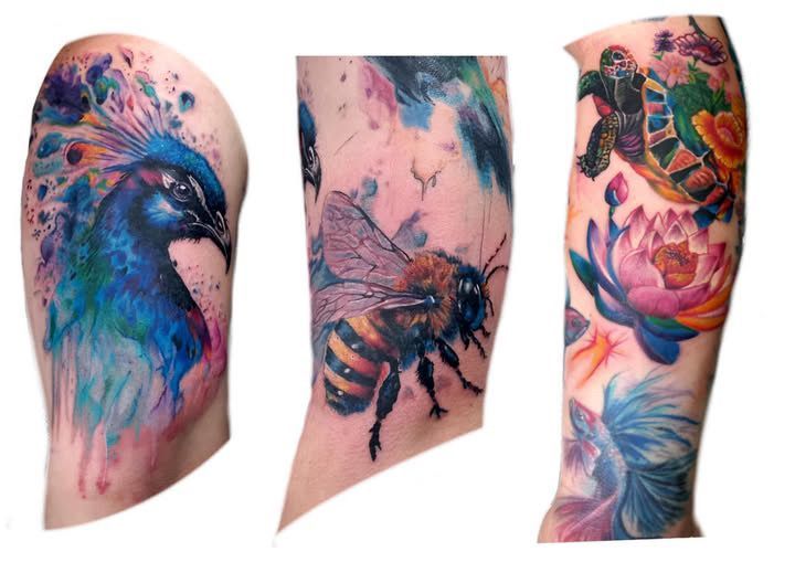 Three Colourful Tattoo Designs: A Peacock, Bee, and Floral Sleeve — Tattoo Inc Studio In Broadbeach, QLD