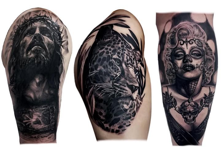 Three Black-and-gray Tattoo Designs: A Lion Face, a Leopard — Tattoo Inc Studio In Broadbeach, QLD