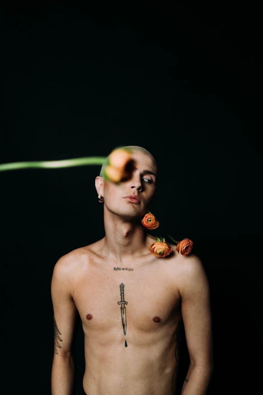 Bare-chested Person With Shaved Head and Flowers, Eyes Closed — Tattoo Inc Studio In Broadbeach, QLD