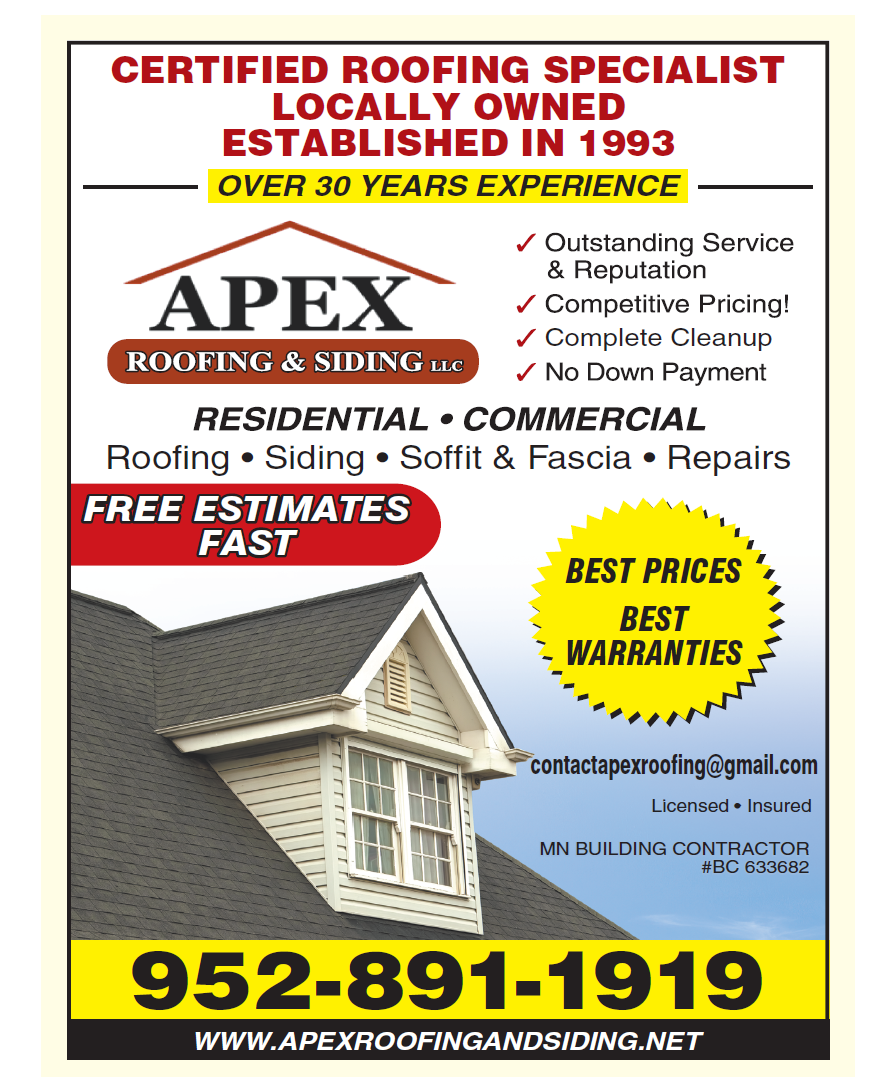 An advertisement for apex roofing and siding