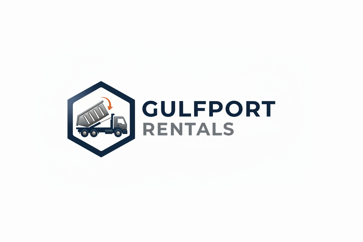 Gulfport Rentals logo with a truck and trailer inside a navy hexagon on a white background