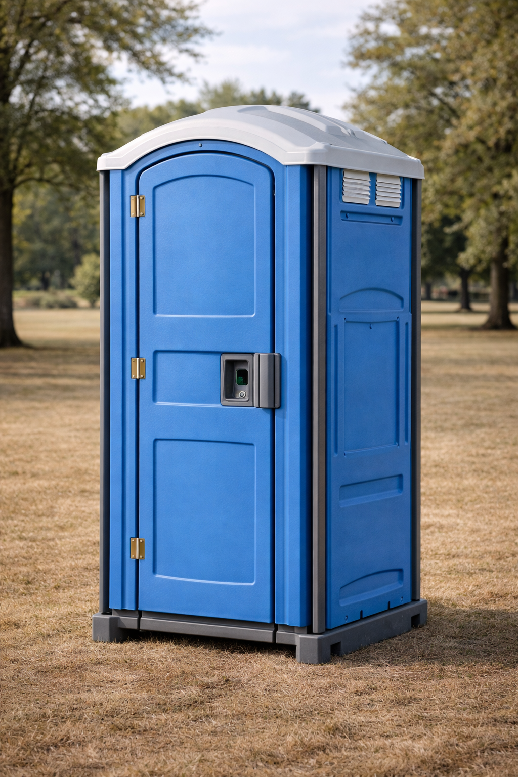 Blue portable toilet standing on dry grass in a park-like outdoor setting.