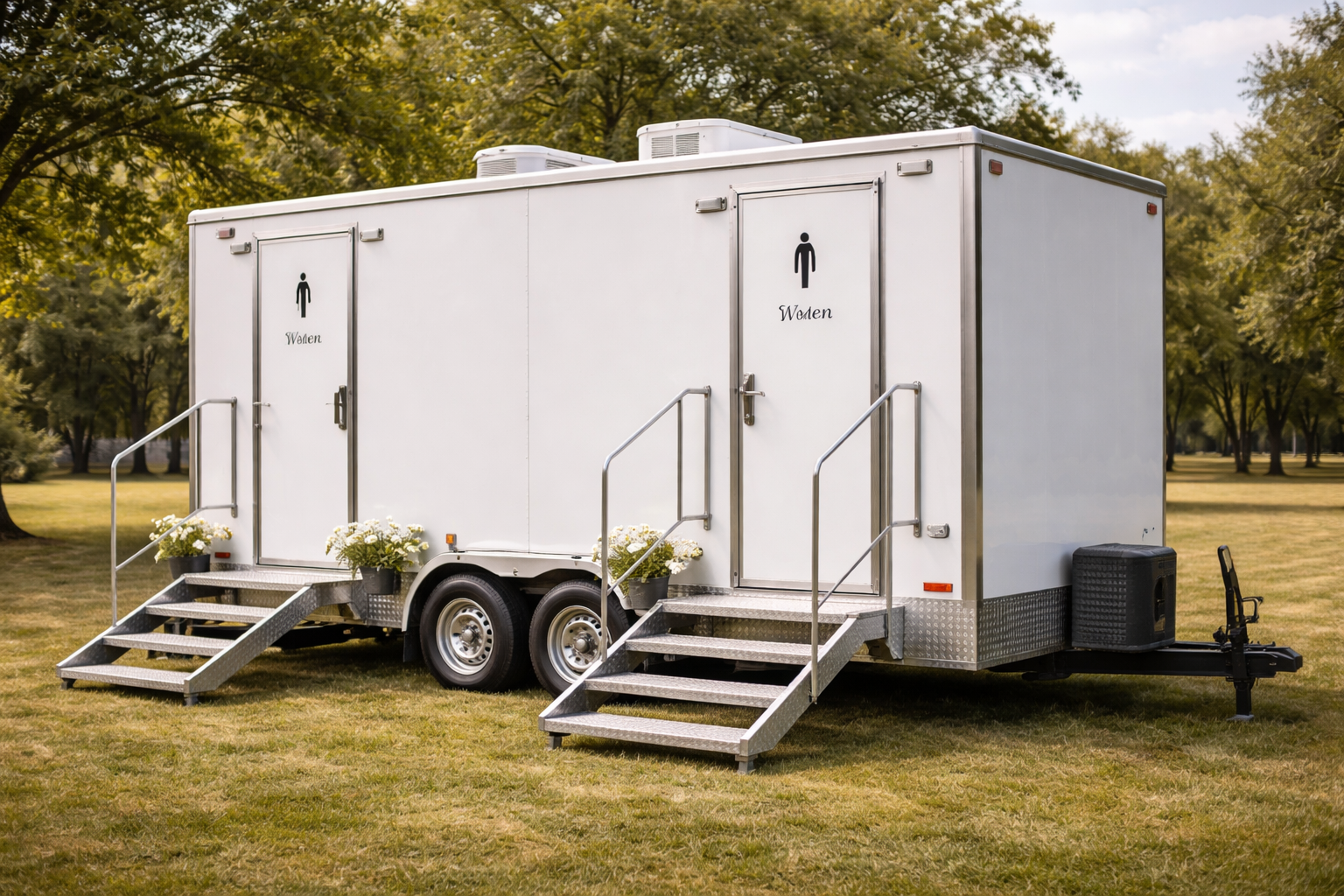White portable restroom trailer with two wheelchair-accessible ramps in a grassy park