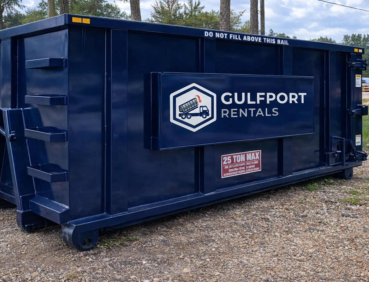 Blue Gulfport Rentals dumpster on gravel, with company logo and sign visible.