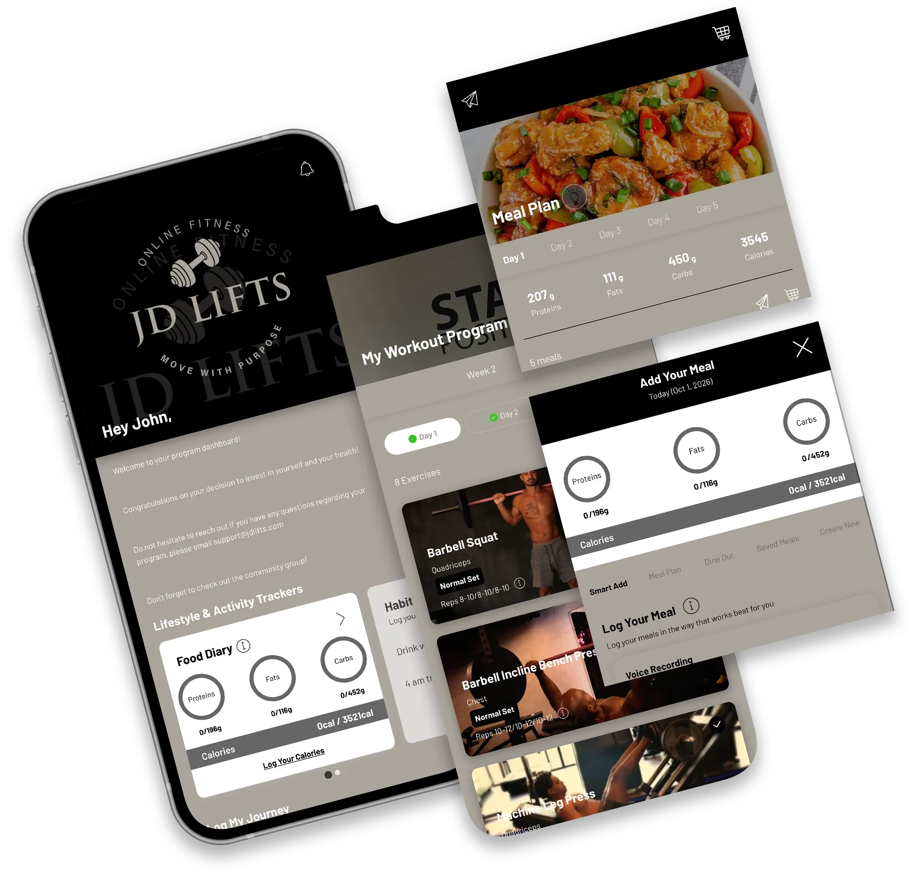 Mobile fitness app design mockups in gold and black.