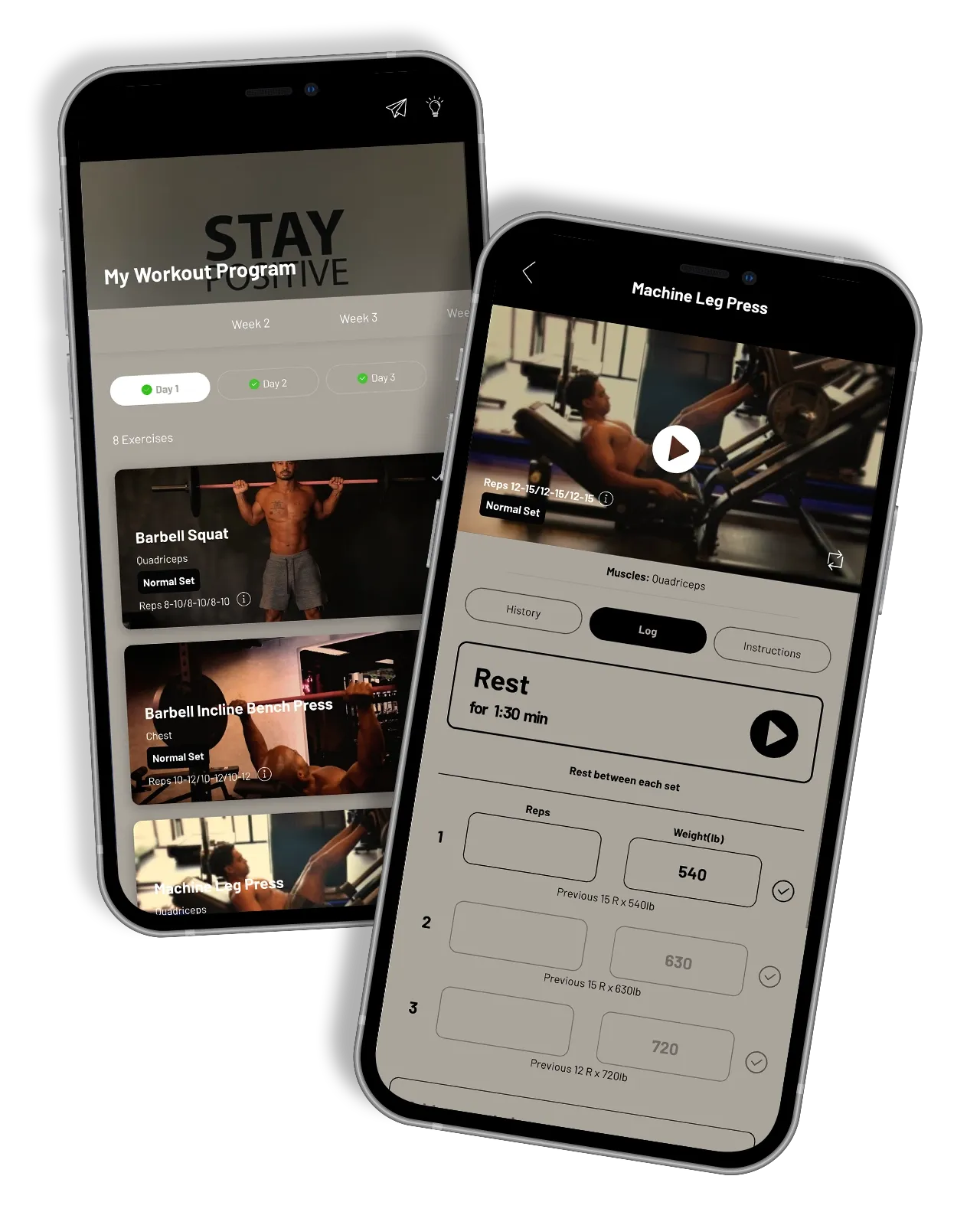 Two overlapping smartphone screens showing a fitness app with workout videos.