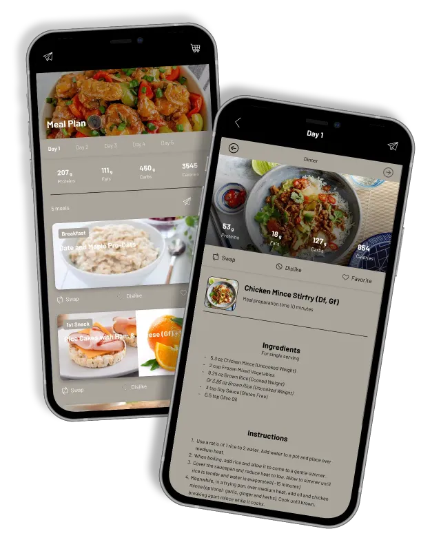 Two overlapping smartphone screens showing a meal-planning app with food photos and meal cards
