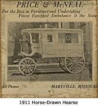1911 horse-drawn hearse advertisement from Price & McNeal in Maryville, Missouri