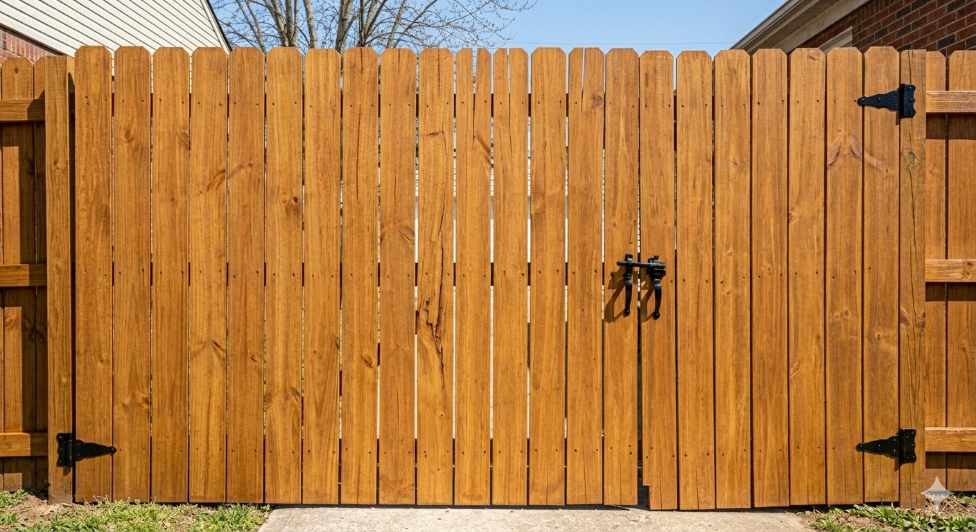 A double-gate wooden fence made of vertical brown stained planks with black hinges and a central latch  painted exterior fence - Pro Era Painting Chicago