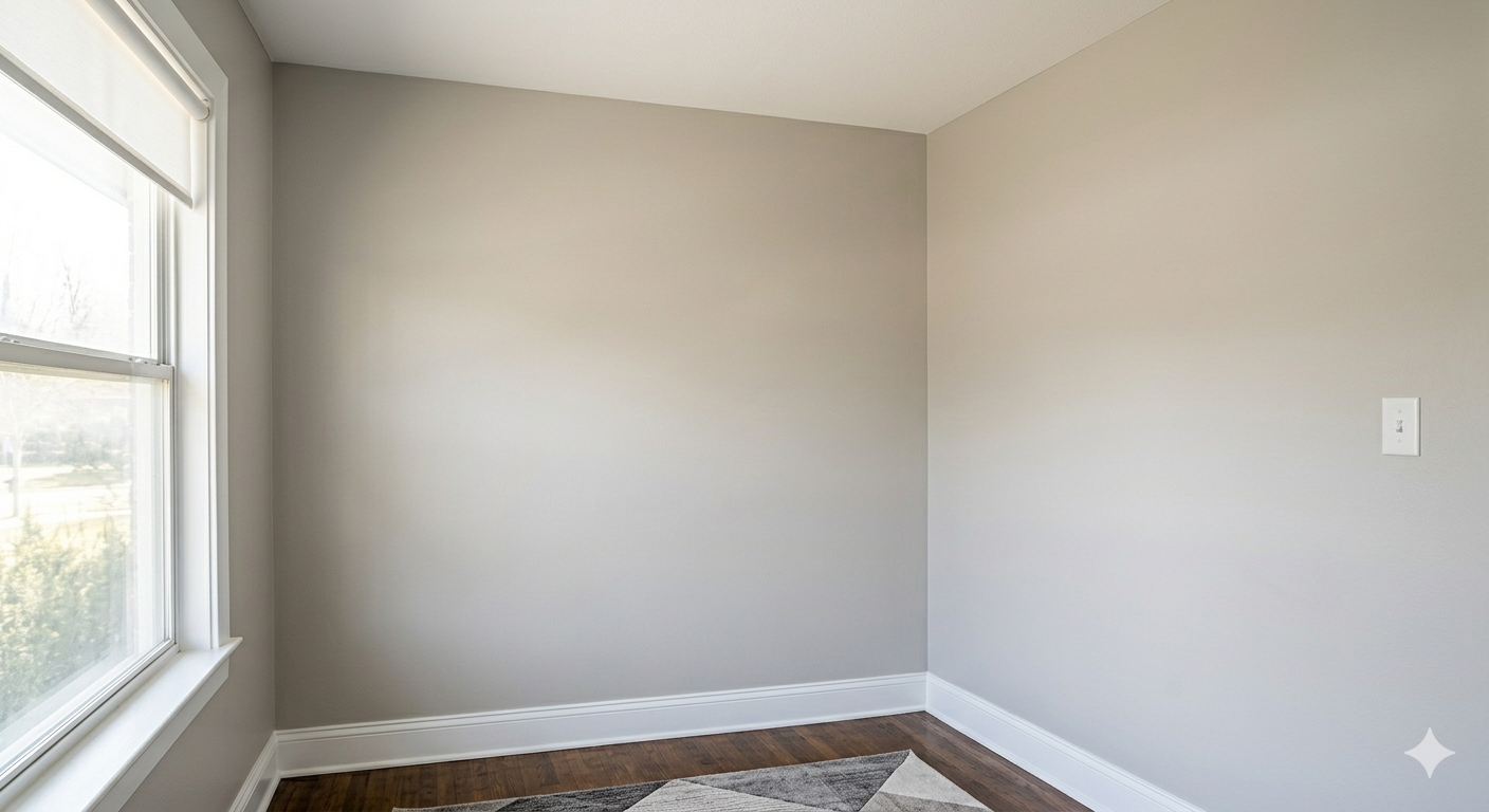 Empty room with light gray walls, white trim, a single window on the left, and dark wood flooring.