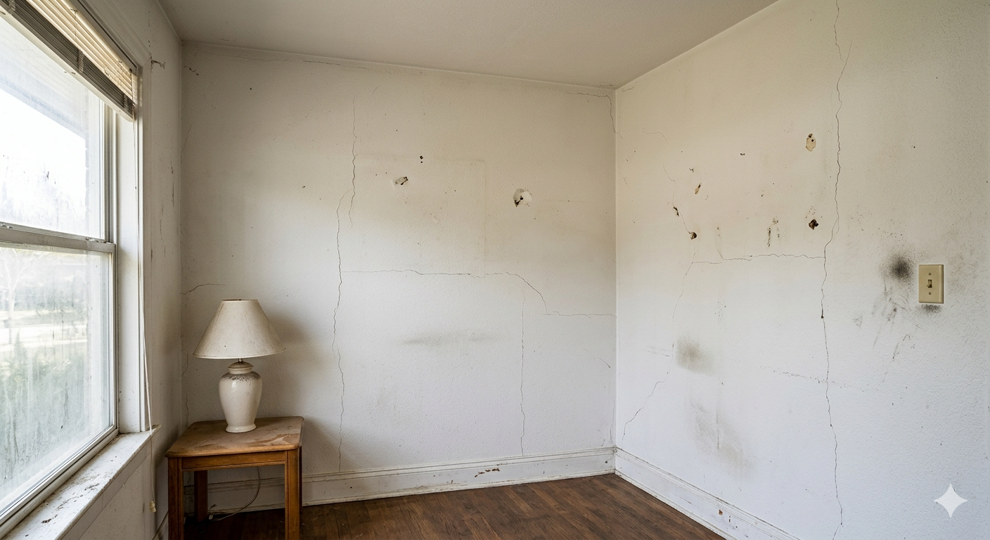An empty, dilapidated room with cracked, beige plaster walls, dark wooden floors, and a single window. Pro Era Painting Room Remodel | Chicago