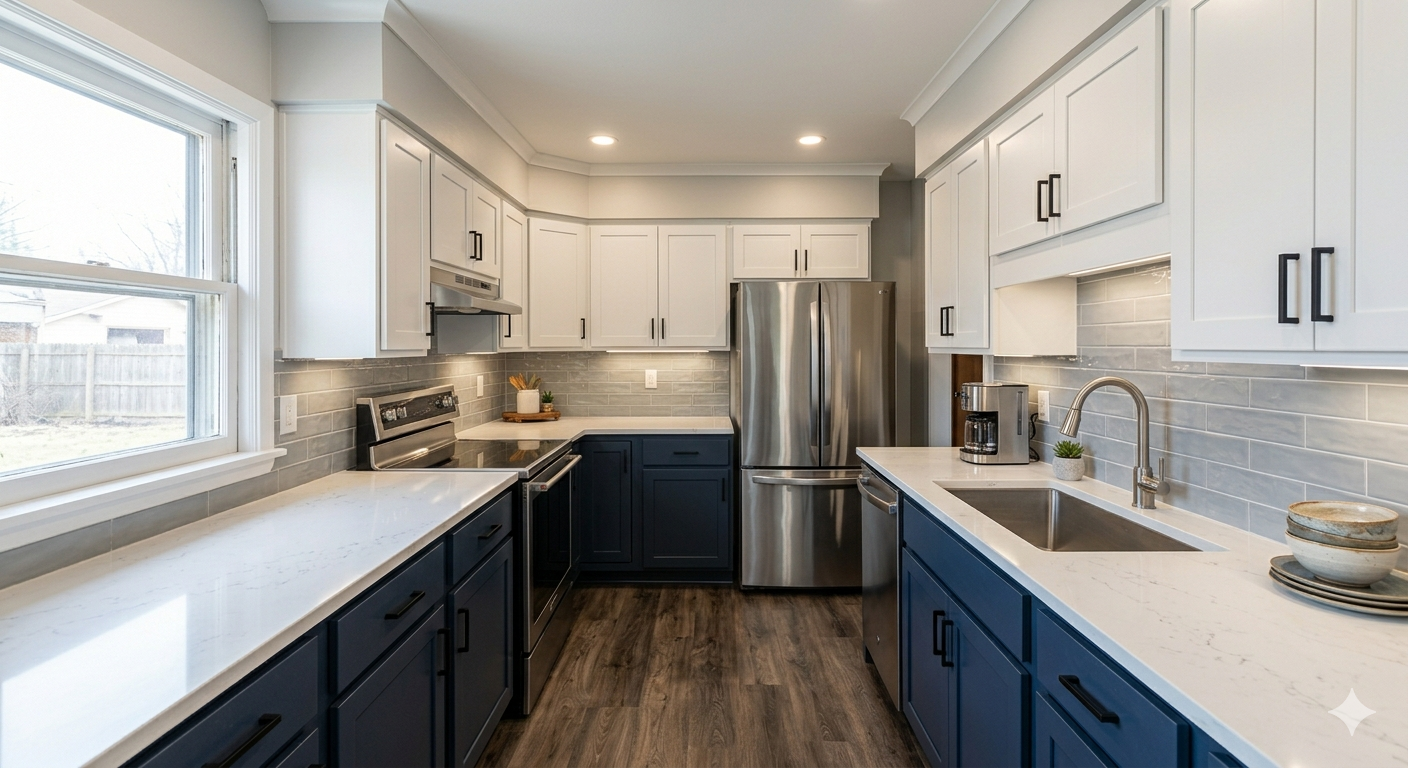 A galley kitchen with white upper cabinets, dark blue lower cabinets, white countertops, and stainless steel appliances. Pro Era Painting | Chicago