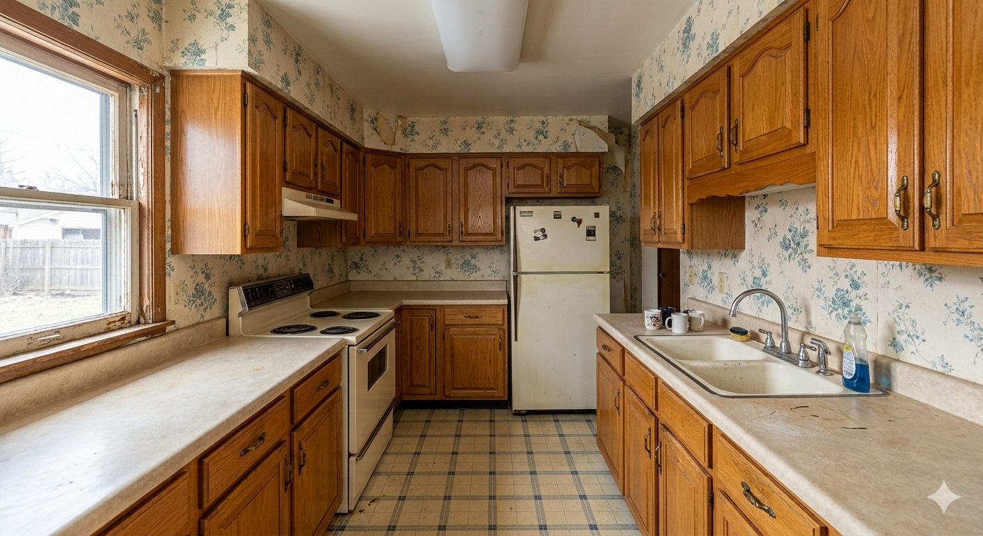 A kitchen with wooden cabinets, a white refrigerator, a double sink, and floral wallpaper above the countertops. Pro Era Painting | Chicago