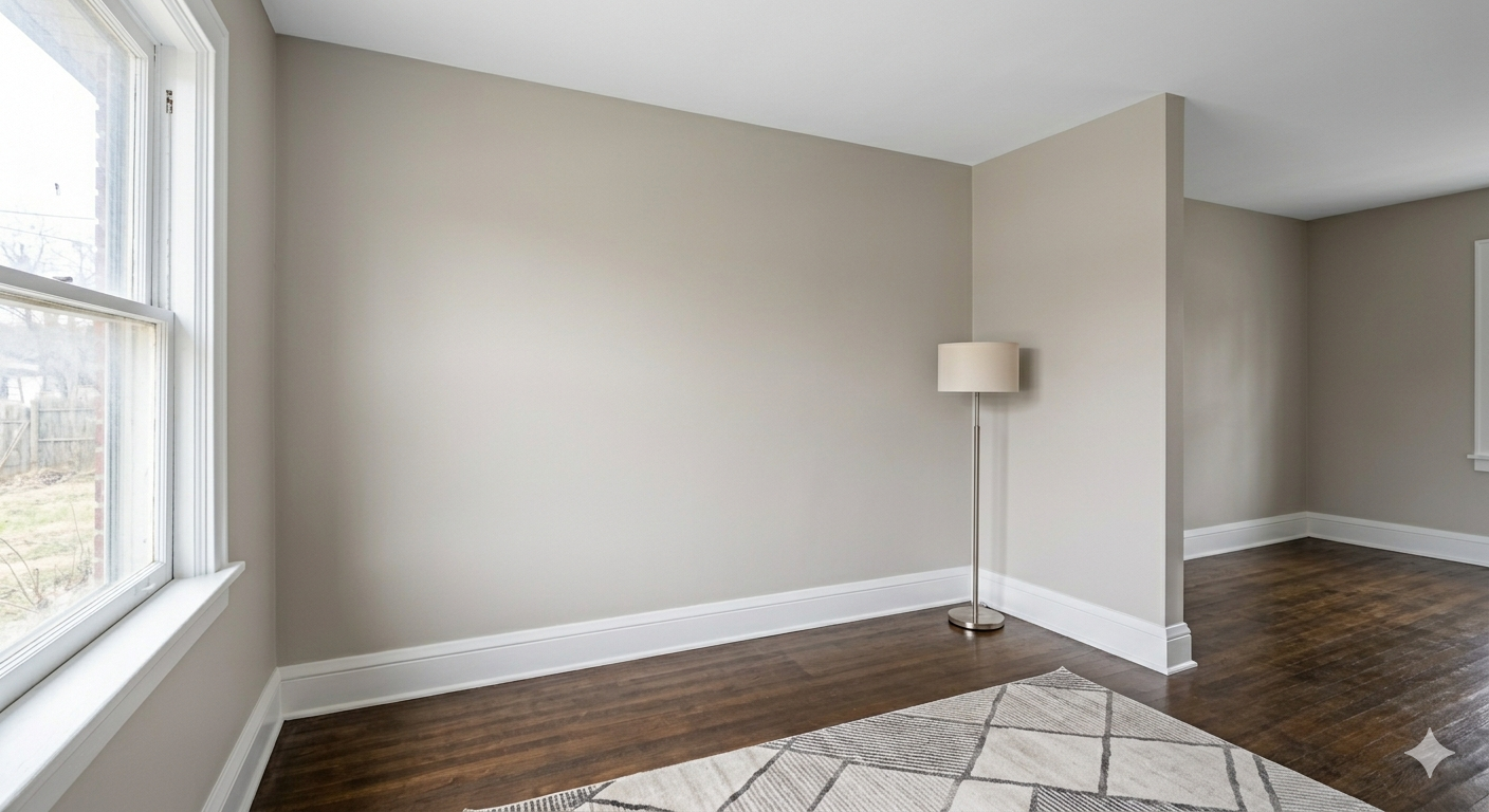 A room with beige walls, dark wood floors, a white baseboard, a floor lamp in the corner, and a patterned area rug.