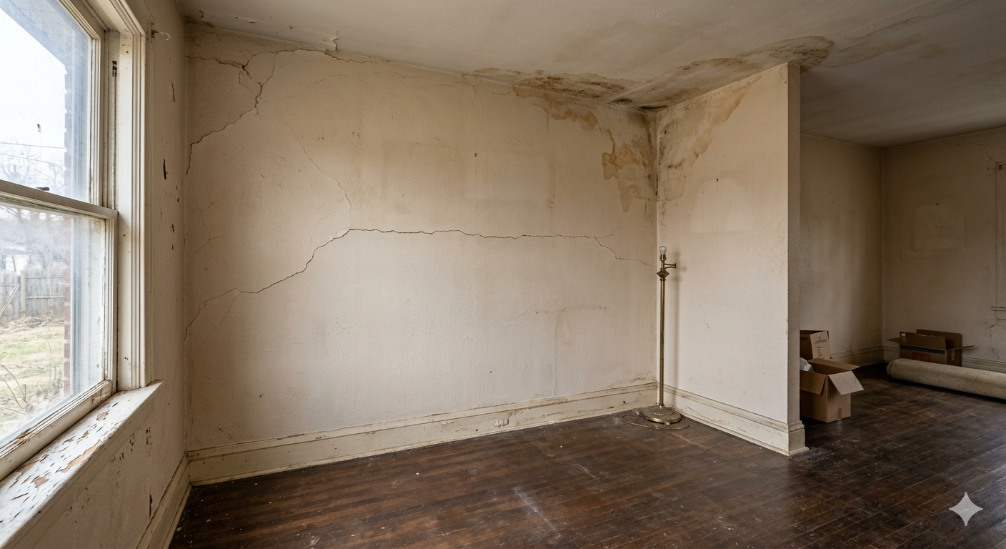 An empty, dilapidated room with cracked, beige plaster walls, dark wooden floors, and a single window. Pro Era Painting Room Remodel | Chicago