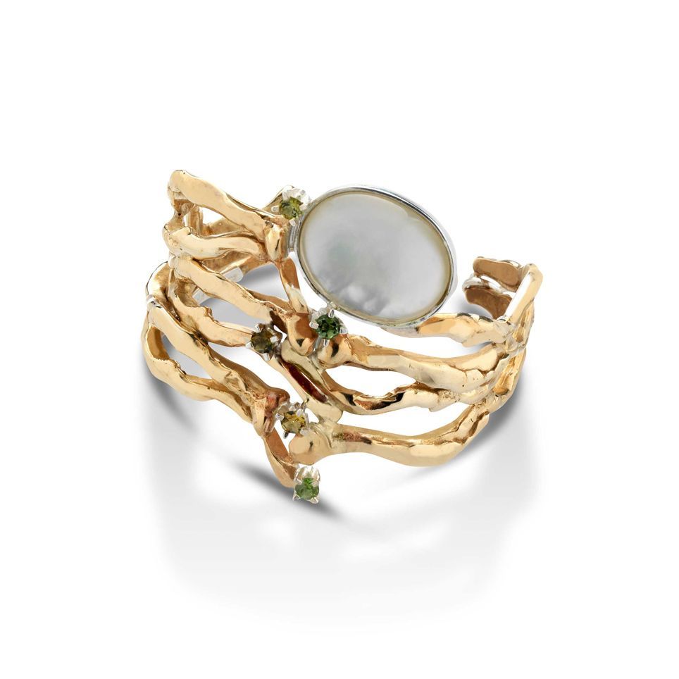 Bracciale in bronzo, argento, tormaline e doppietta in madreperla e cristallo di rocca