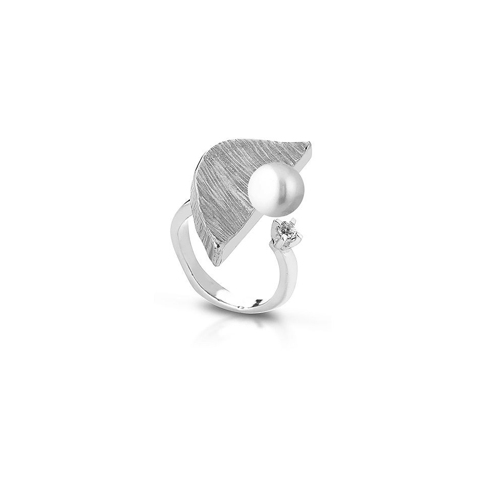 Anello in argento con perla e topazio bianco. Auto-regolabile