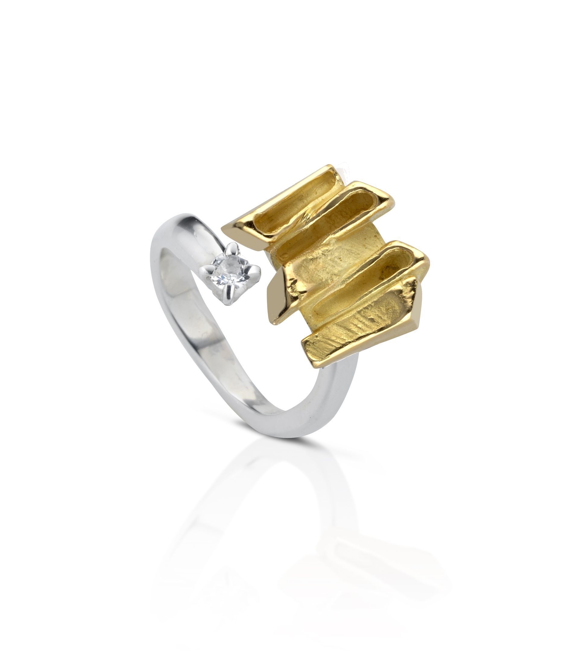 Anello in argento, bronzo e topazio bianco. Auto-regolabile