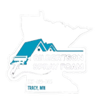 Gilbertson Spray Foam logo with blue roof graphic over Minnesota outline, Tracy, MN