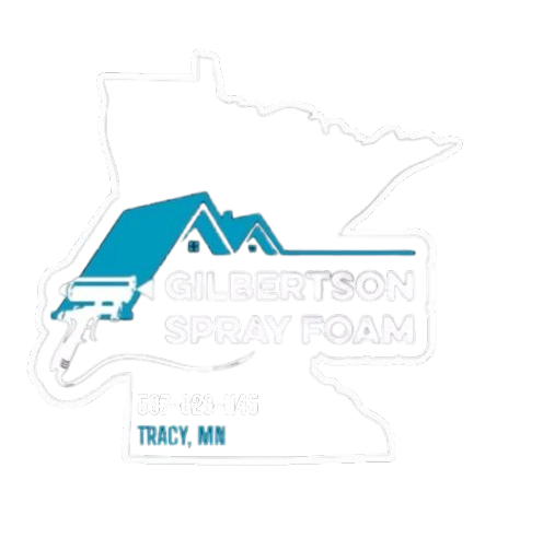 Gilbertson Spray Foam logo with blue roof graphic over Minnesota outline, Tracy, MN
