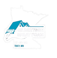 Gilbertson Spray Foam logo with blue roof graphic over Minnesota outline, Tracy, MN