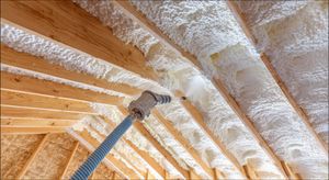 Spray foam insulation being applied between exposed wooden roof rafters