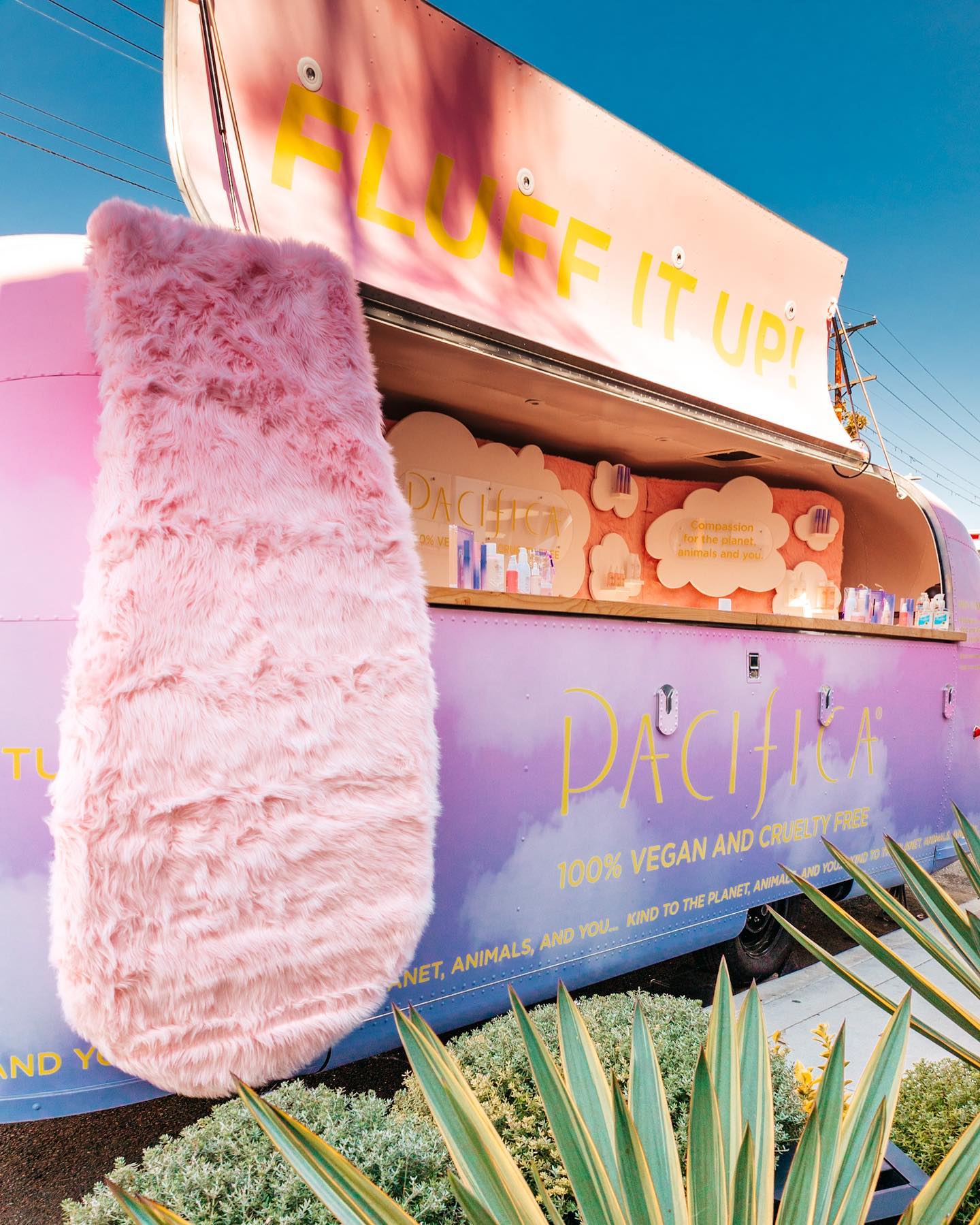 Pacifica Beauty FLUFF IT UP pink truck wrap with custom printed vinyl — vehicle wrap by Quality Tinting & Signs in San Luis Obispo