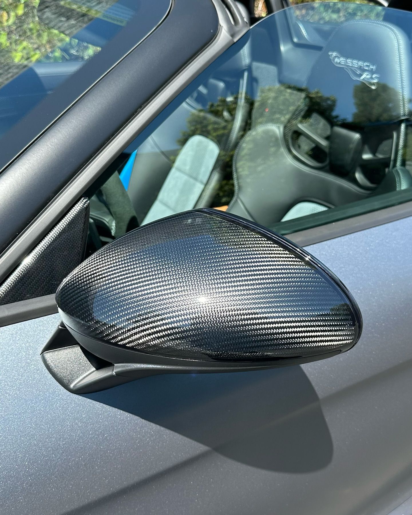 Close-up of a carbon-fiber side mirror on a gray car door.