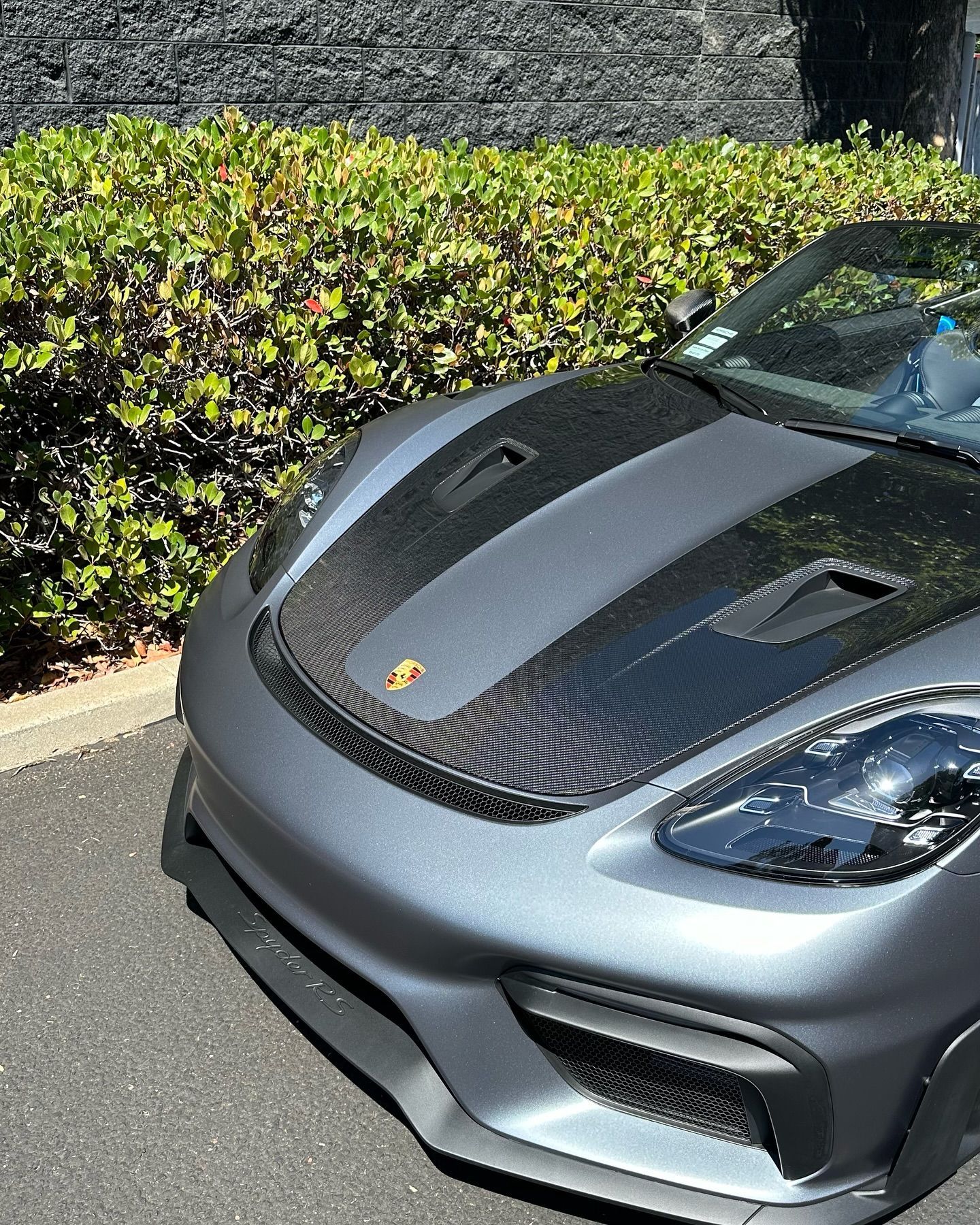 Front of a gray Porsche sports car with black hood stripes, parked beside a hedge.