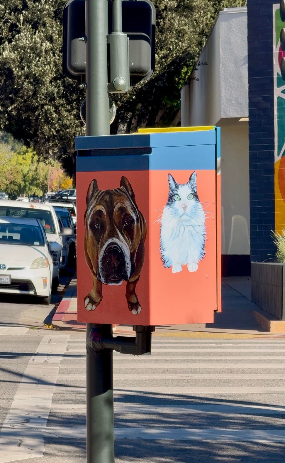 Street-side utility box painted orange with a dog and white cat mural beside a sidewalk and traffic light