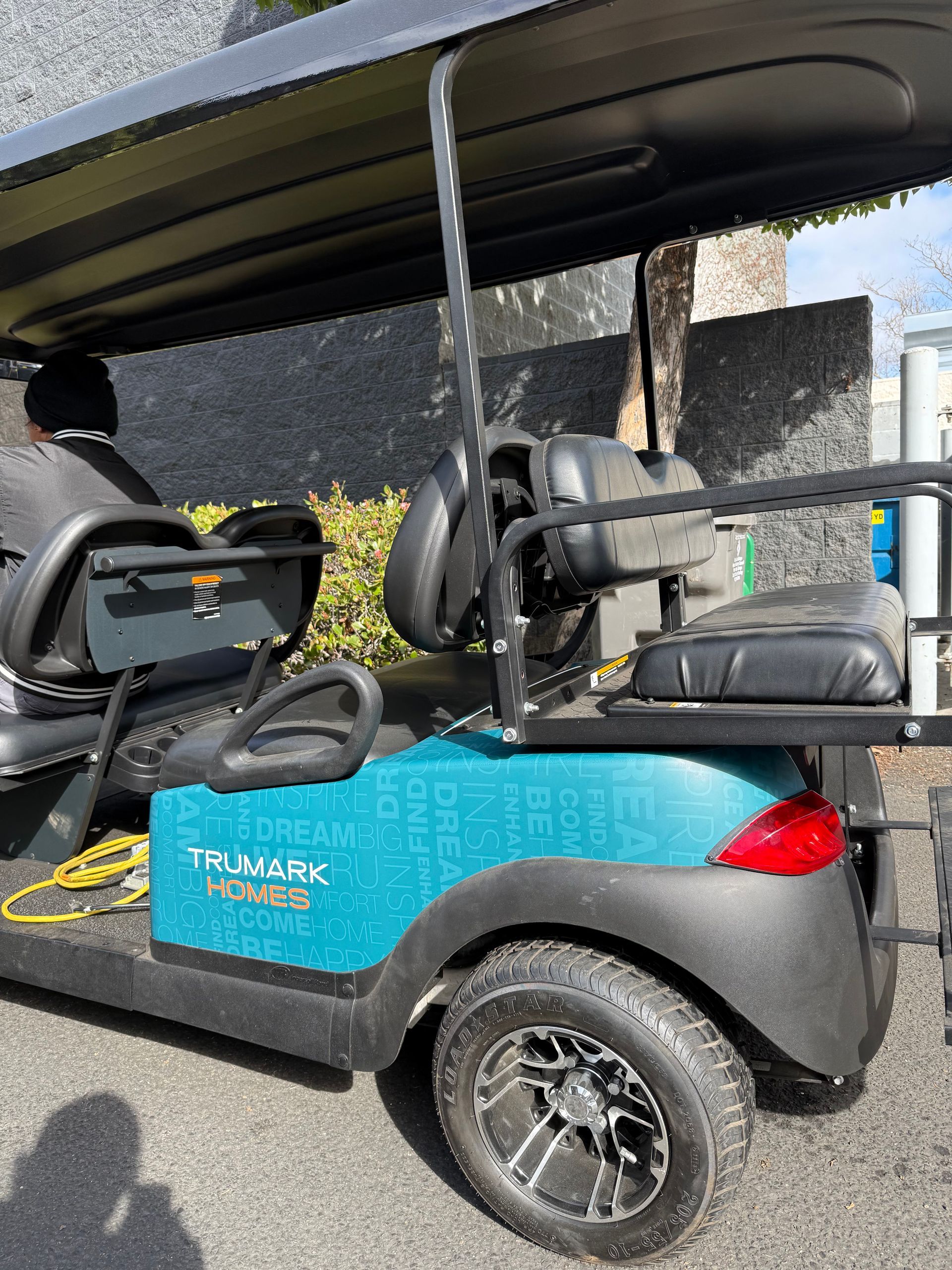 Blue-and-black golf cart parked outdoors, with a black canopy and rear seats.