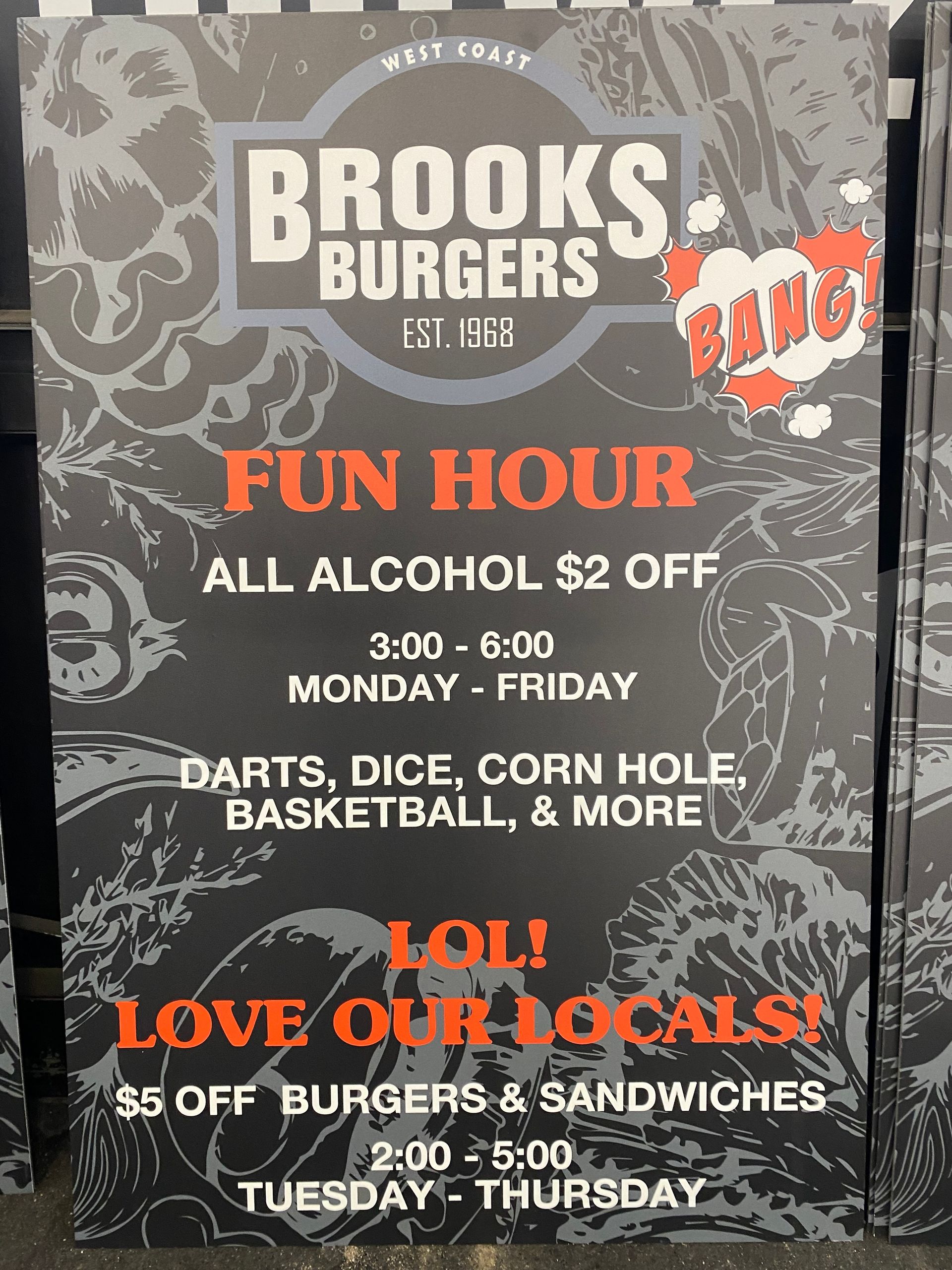 Brooks Burgers flyer with fun hour, specials, games, and lunch sandwiches on a black patterned background
