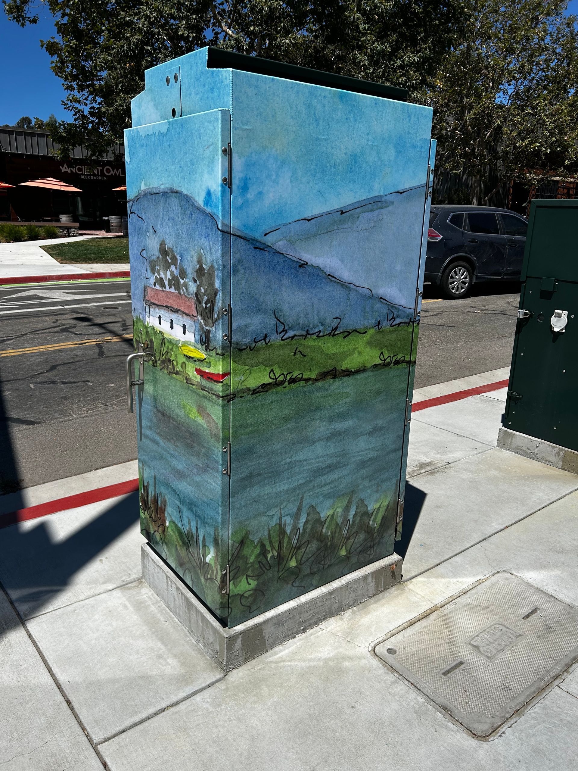 Painted utility box on a sidewalk, showing a blue mountain scene and green landscape mural.