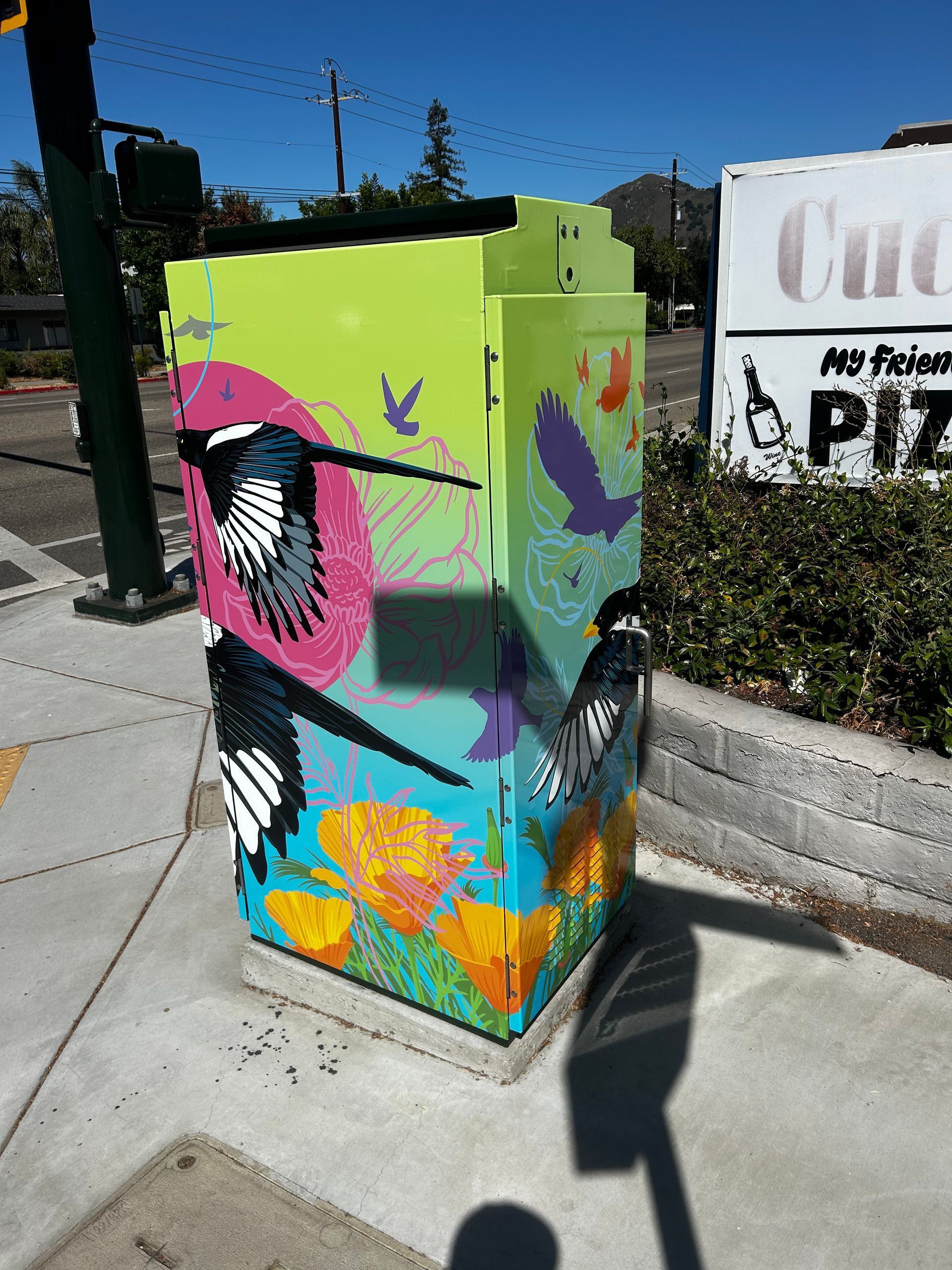 Colorful graffiti-painted utility box on a sunny sidewalk beside a white sign and hedges.