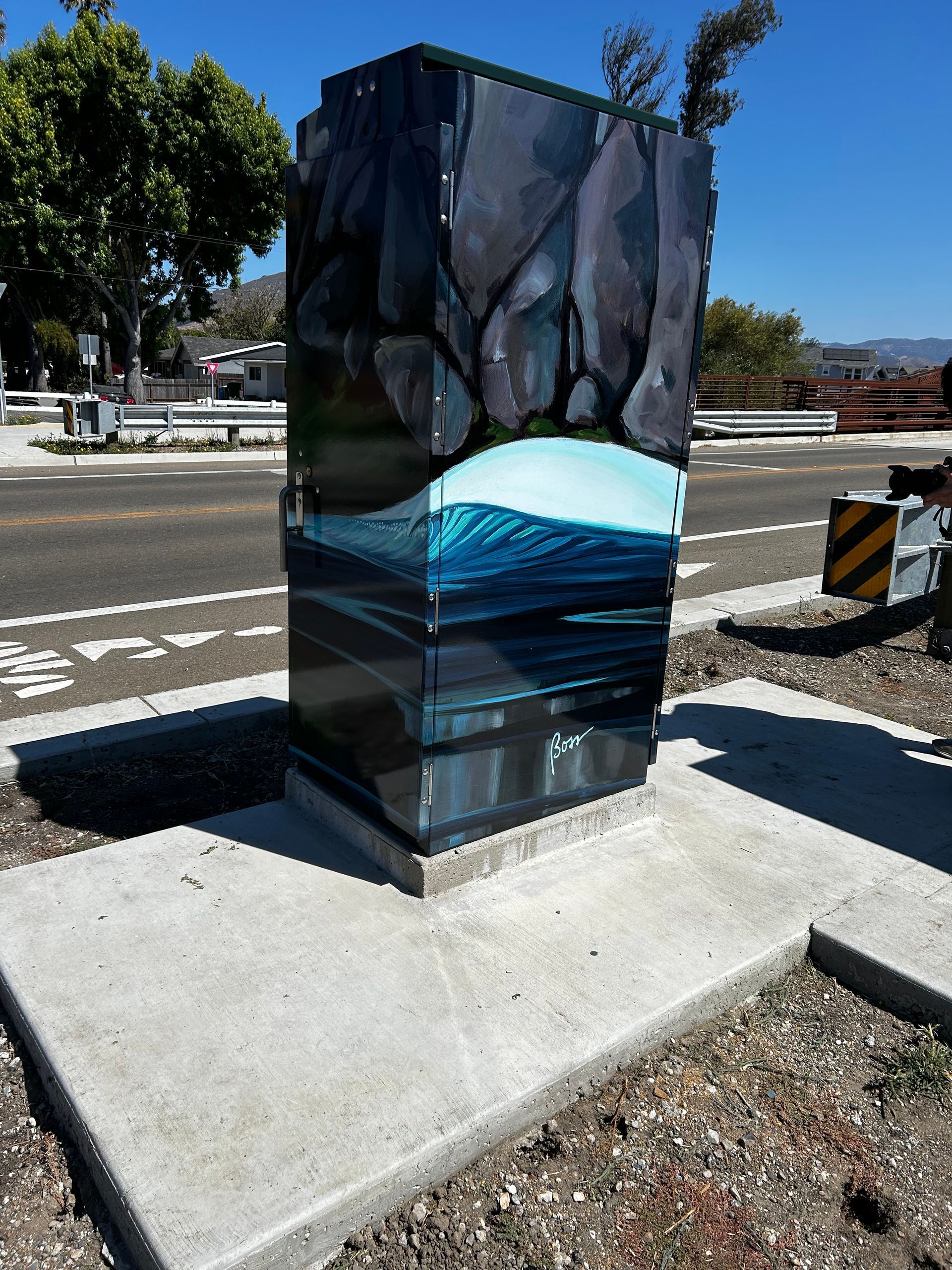 Painted utility box with a whale mural on a sidewalk island beside a road under bright sun