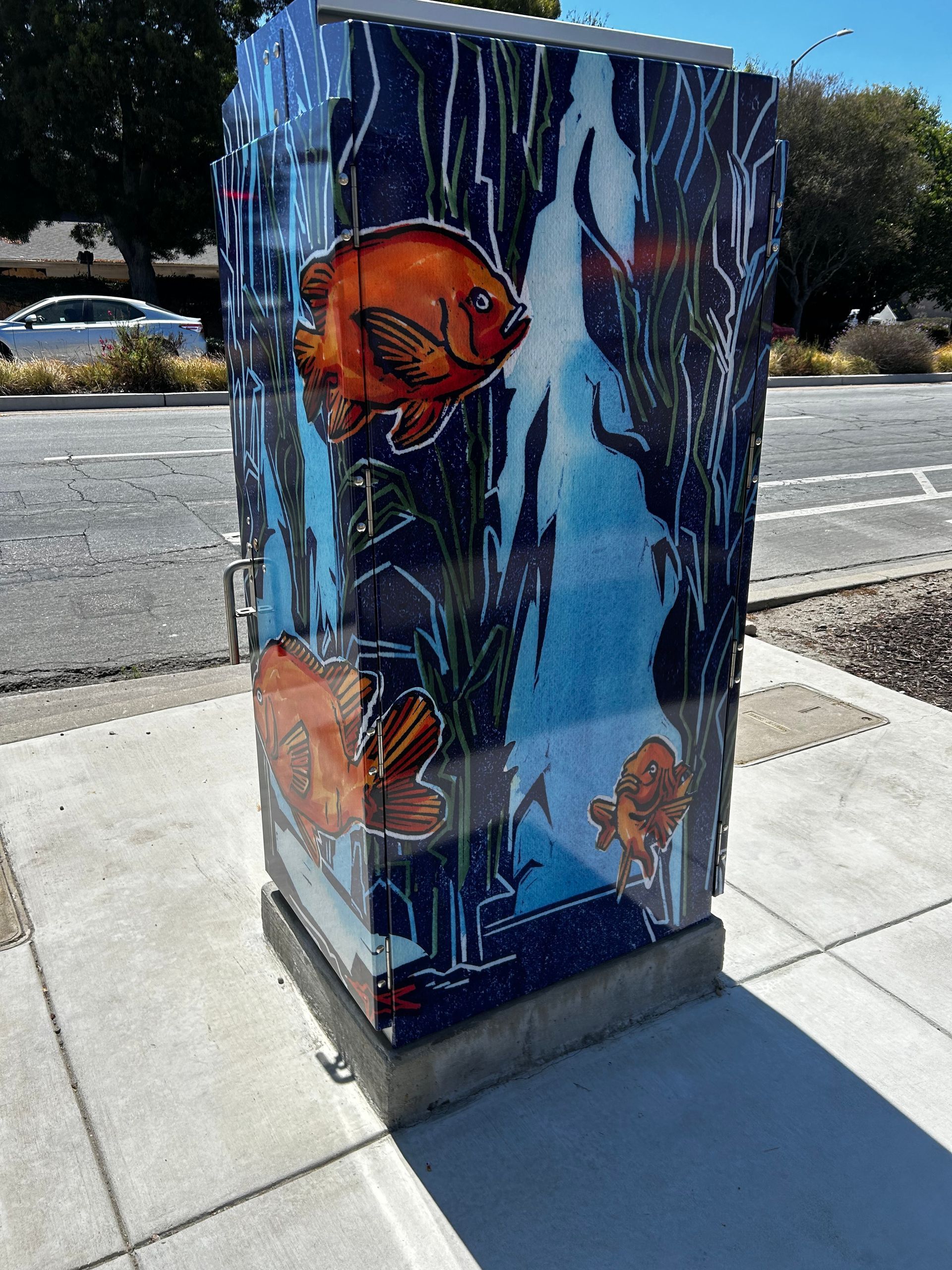 Painted utility box with colorful fish mural on a sunny sidewalk beside a parking lot