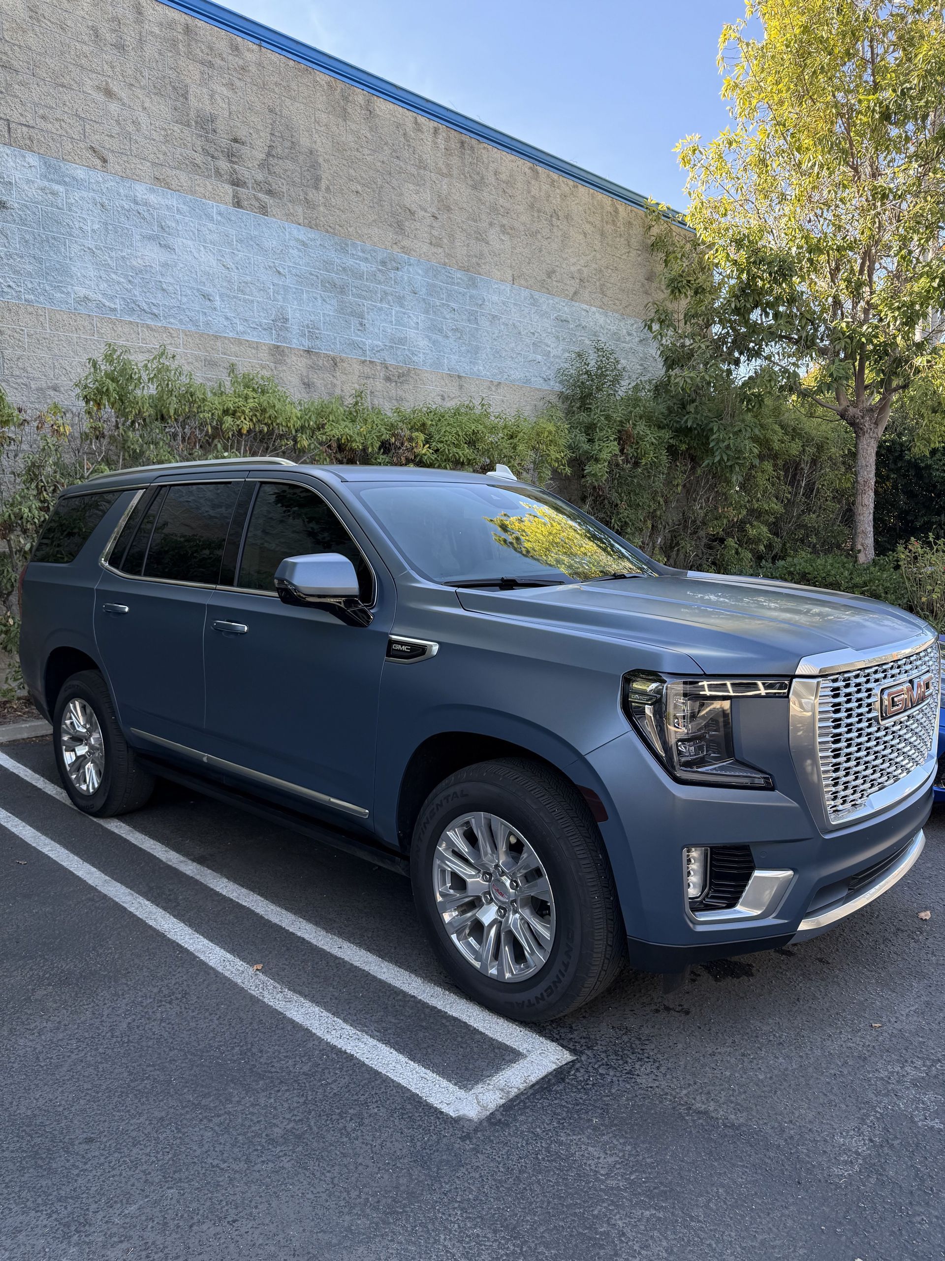 Blue SUV parked in a lot beside a tall wall and tree, with white parking lines visible.