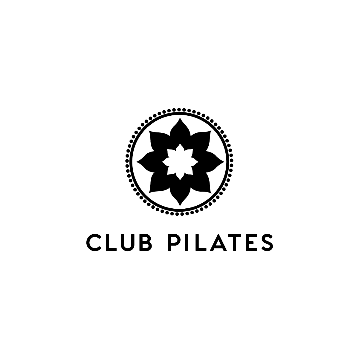 Black floral logo above the words “CLUB PILATES” on a white background