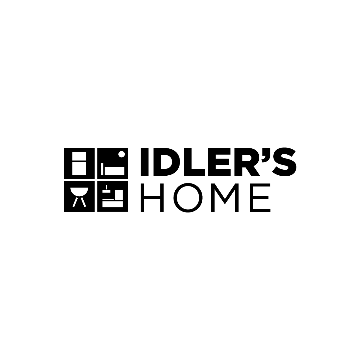 Black-and-white Idler’s Home logo with four square icons and bold text