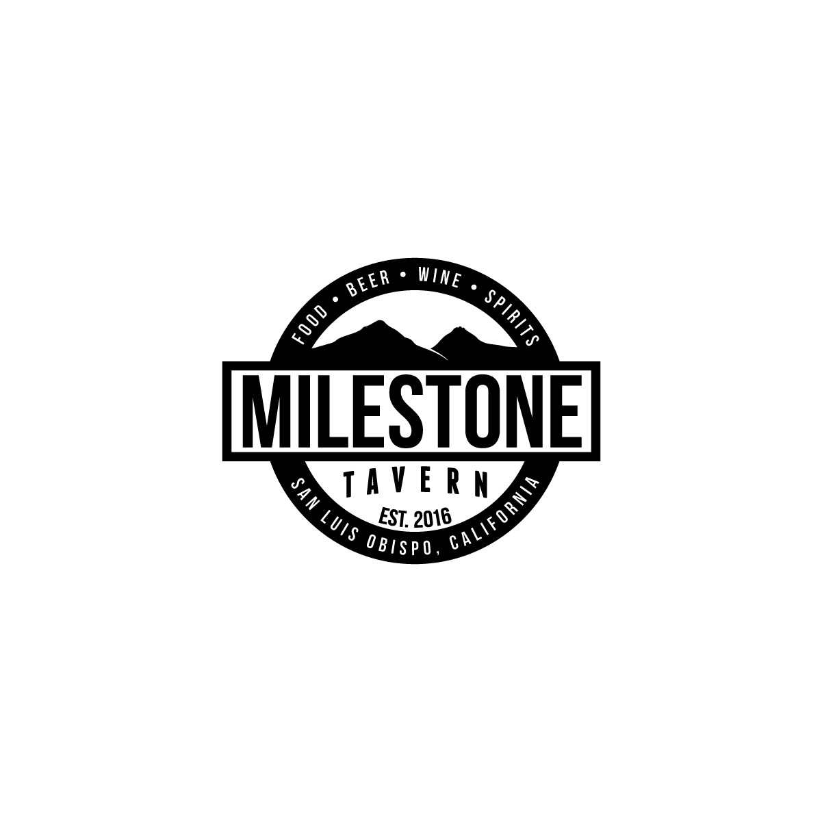 Black-and-white Milestone Tavern logo with mountains and circular badge, featuring text and “Est. 2016”