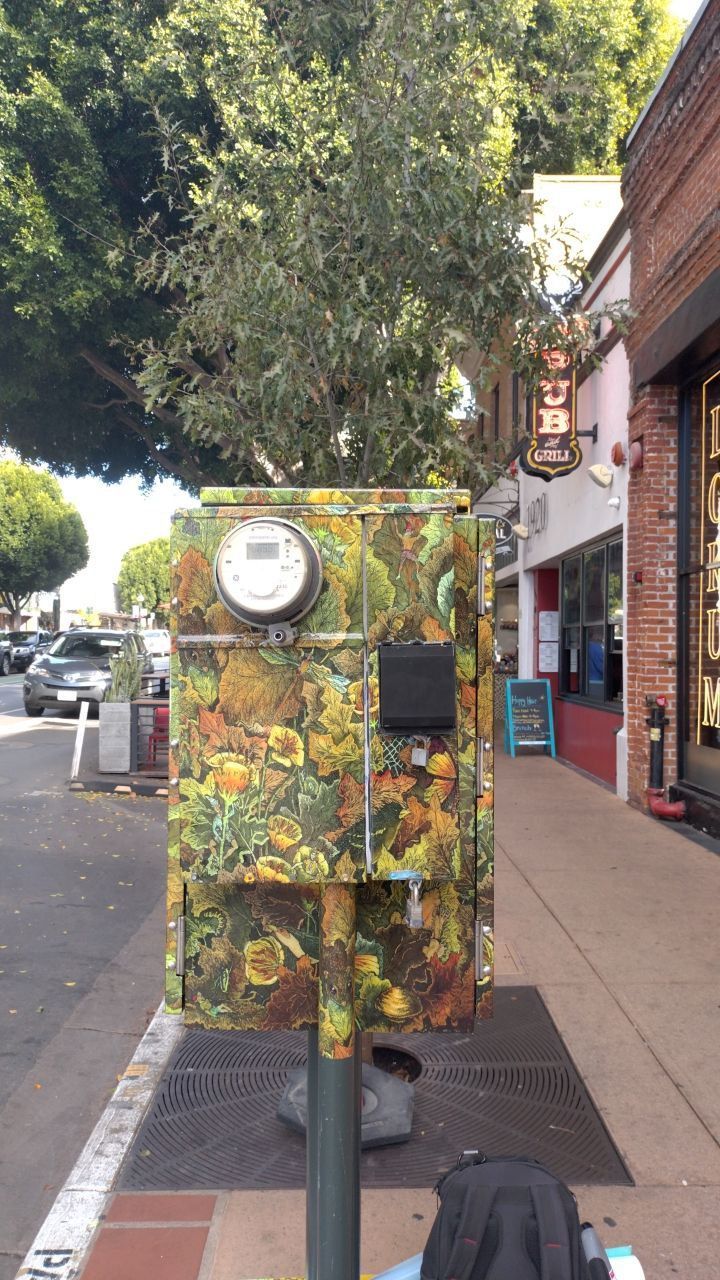 Painted utility box on a sidewalk beside shops, with trees and parked cars along the street.