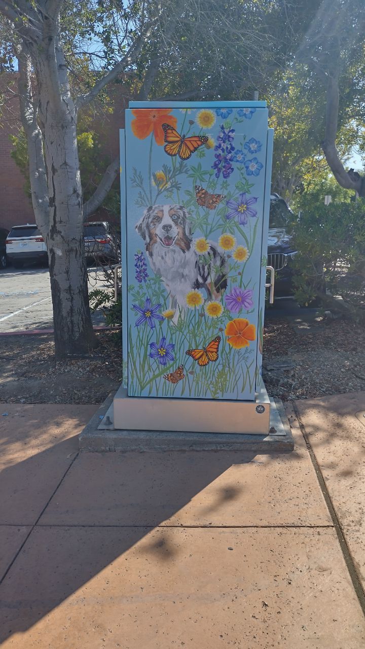 Colorful butterfly and flower mural on a utility box beside a tree-lined sidewalk